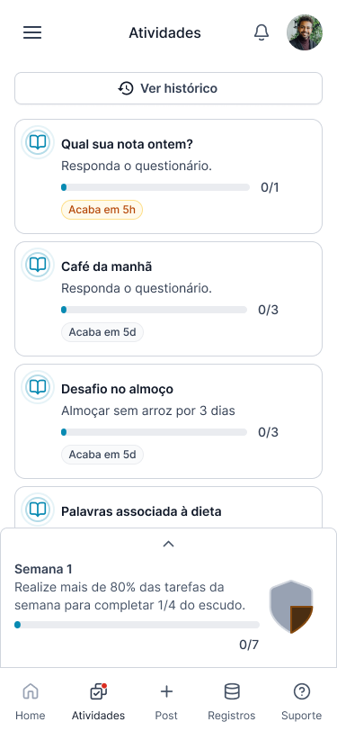 Tela de atividades e progresso do Conecta