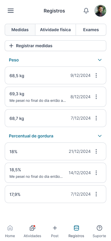 Tela de registros e medidas do Conecta